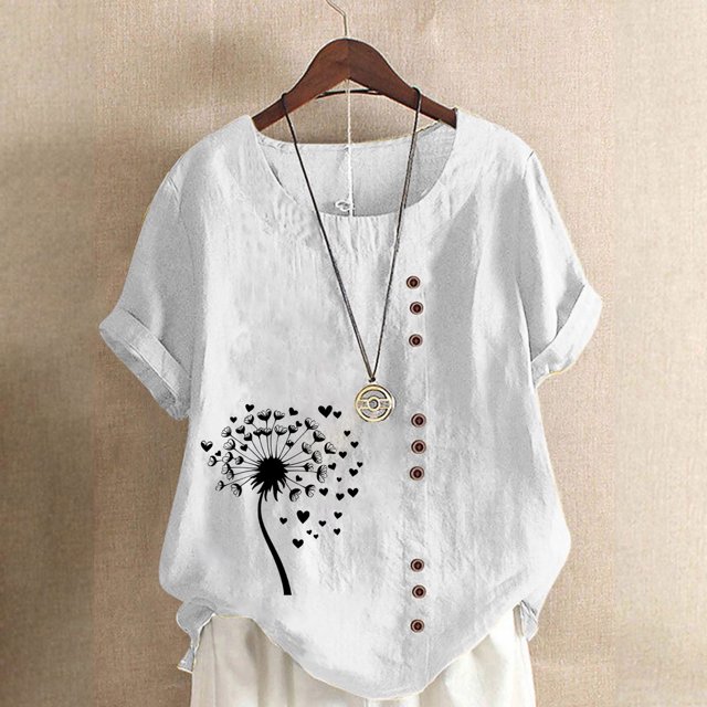 Jusqu'à 50 % de Rabais Horkkom Chemises à Manches Courtes pour Femmes Été Grande Taille Chemises en Lin Décontractées Col Rond Imprimé Floral Hauts Amples