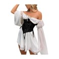 thumbnail image 1 of FOCUSNORM Women’s Solid Color Mesh Yarn Long Sleeve Boat Neck Short Dress, 1 of 9