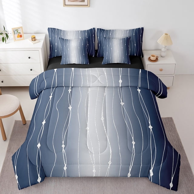 YST Navy Blue and Gray Gradient Comforter Set, 7-Piece, Geometric Design, Twin