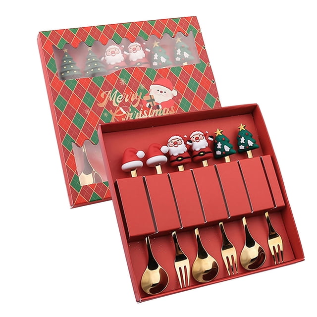 Oleegame 1PC Stainless Steel Cutlery Set Christmas Tableware Set Stainless Steel Spoon Gift Set Dessert Spoon Fork Coffee Spoon Christmas Pendant Spoon Tableware Set Gift
