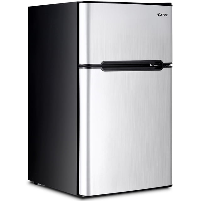 Costway Refrigerator Small Freezer Cooler Fridge Compact 3.2 cu ft. Unit in grey with a modern two-door design. Includes a separate freezer compartment, adjustable glass shelf, crisper drawer, and door bins for drinks and cans. Perfect for dorm rooms, offices, or small spaces as a mini fridge.