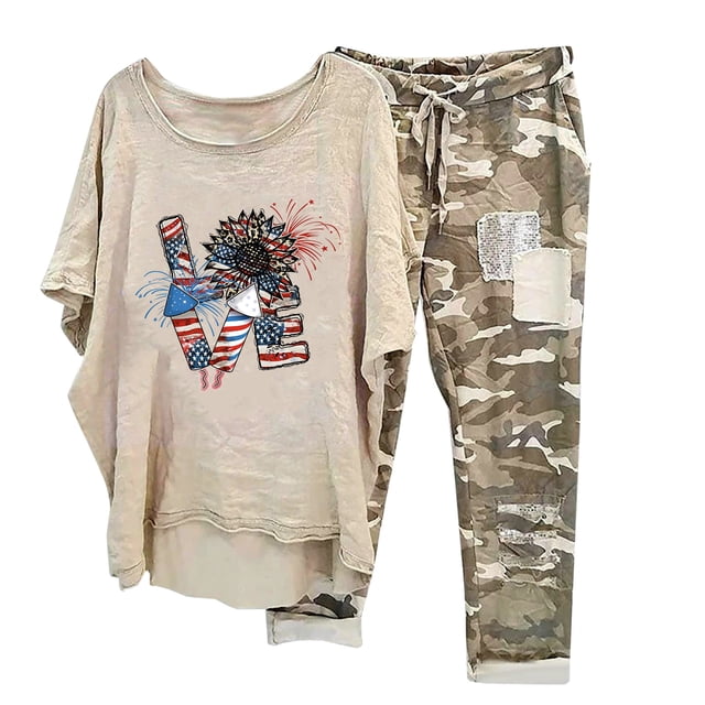 Mikilon Ensemble de Détente Confortable pour Femmes 2 Pcs Imprimé Décontracté Manches Moyennes Col Rond + Pantalon Khaki-F S