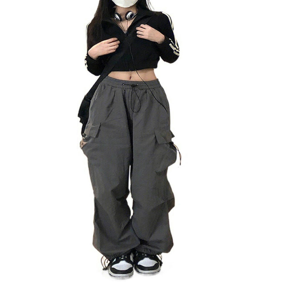 Ladies Cargo Pants  Solid Loose Trousers with Elastic Waistband and Pockets