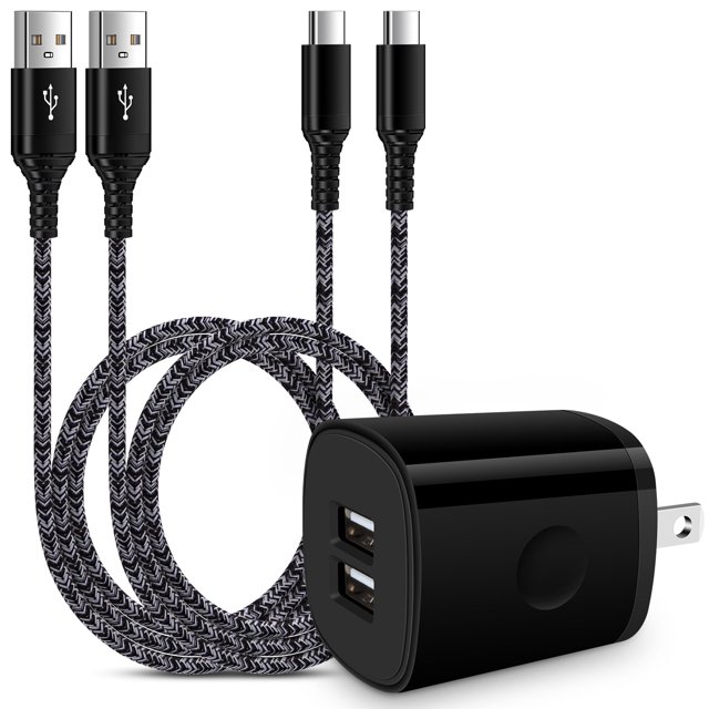 Type C Charger Fast Charging Cable 10ft, ABCPOW 2.1A charger block with 2-pack USB A to USB C cables. Includes a black dual-port USB wall adapter and two braided 10ft Type C cables designed for high-speed charging and data transfer. Ideal for Android devices, compatible with Galaxy S23, Google Pixel 7, LG Stylo 6, and more. Suitable for use as a charging station in homes, offices, or cars.