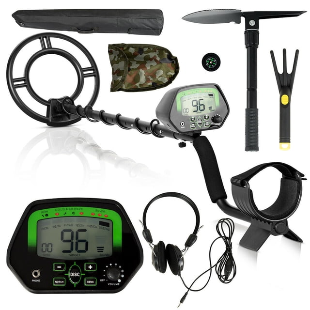 Gymax Trousse de Détecteur de Métaux Haute Précision avec une Bobine de Recherche Étanche Noire de 10 Pouces, un Panneau de Commande LCD, une Tige Ajustable et des Accessoires Incluant des Écouteurs, une Pelle Pliable avec Sac, un Râteau en Plastique, un Outil de Creusage et un Sac de Transport. Idéale pour la Chasse au Trésor et la Détection de Métaux comme l'Or, l'Argent et le Laiton dans des Contextes Extérieurs comme les Plages, les Parcs et les Jardins.