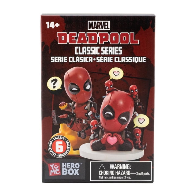 Deadpool Classic Series Blind Box featuring Marvel Deadpool action figures in red and black costumes with playful poses on a dark red background, part of a collectible TV and movie action figures set, recommended for ages 14 and up with choking hazard warning.
