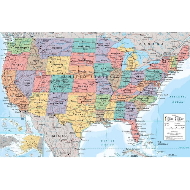 USA Map 2023 Wall Poster, 22.375" x 34", detailed political wall art showing all 50 states in distinct pastel colors with state names and major cities labeled, including insets of Alaska and Hawaii, printed on glossy paper ideal for home, office, or educational spaces.