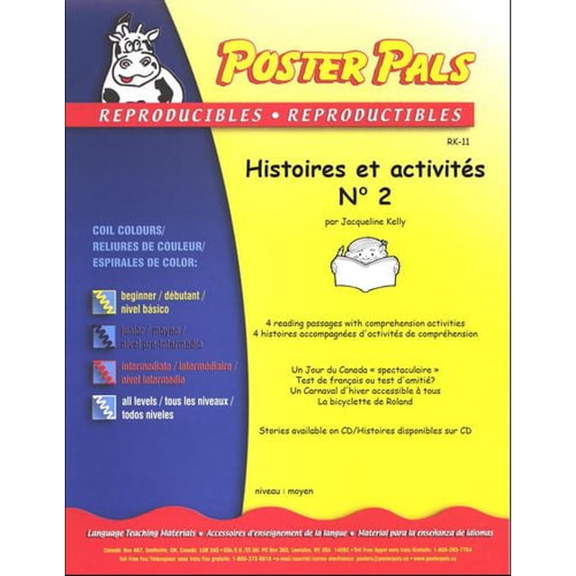Poster Pals French (Fsl) Stories & Activities No.2 Classroom Reproducible Masters cover with yellow and blue background and cartoon cow logo, featuring 4 intermediate-level French reading passages with comprehension and vocabulary activities, designed as a teaching aid for school and classroom supplies.