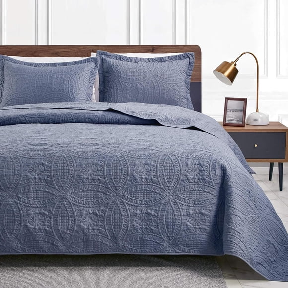 Love's cabin Oversized King Size Quilt Bedding Set Bluish Grey Bedspreads - Oversized King Lightweight Bedspread Comforter - Coin Pattern Coverlet for All Season - 3 Pie