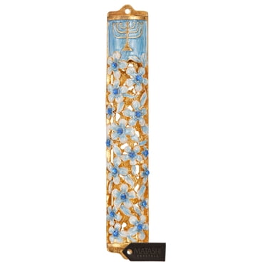 Matashi Hand Painted 5.5" Blue and Ivory Enamel Flower Mezuzah Embellished with Gold Accents and Menorah Design and High Quality Crystals