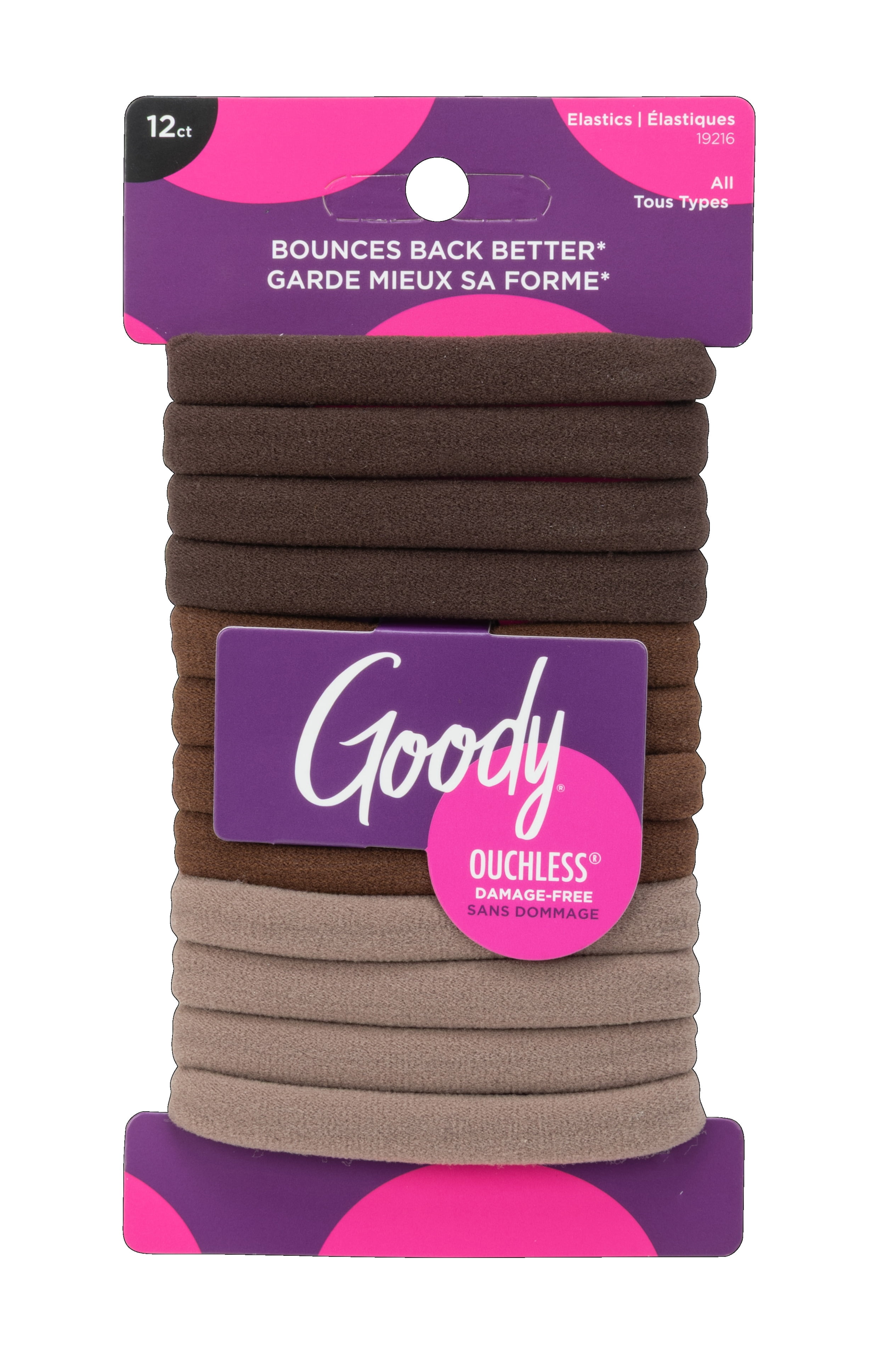 Goody Ouchless Hair Elastics for All Hair Types, Brown & Natural, 12 Count