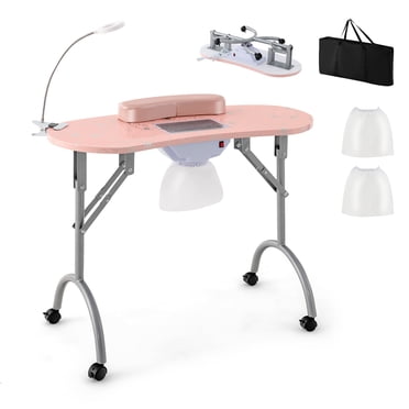 Costway Folding & Portable Manicure Table with Dust Collector LED Lamp Carry Bag Pink Pink