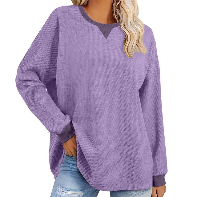 Erwazi Chandails à Manches Longues pour Femmes, Col Ras du Cou, Tuniques en Tricot Gaufré, Hauts pour Porter avec des Leggings, Chandail Léger, Décontracté, Ample, Hauts d'Automne, T-Shirts