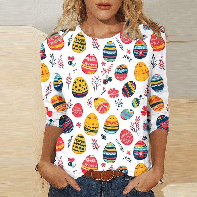 UPPADA Bunny T-Shirts de Pâques pour Femmes Lapin Oeuf Imprimé T-Shirts Manches 3/4 Col Rond T-Shirts d'Été Décontractés Mignons T-Shirts Graphiques Chandail Confortable Haut Vert,TTG