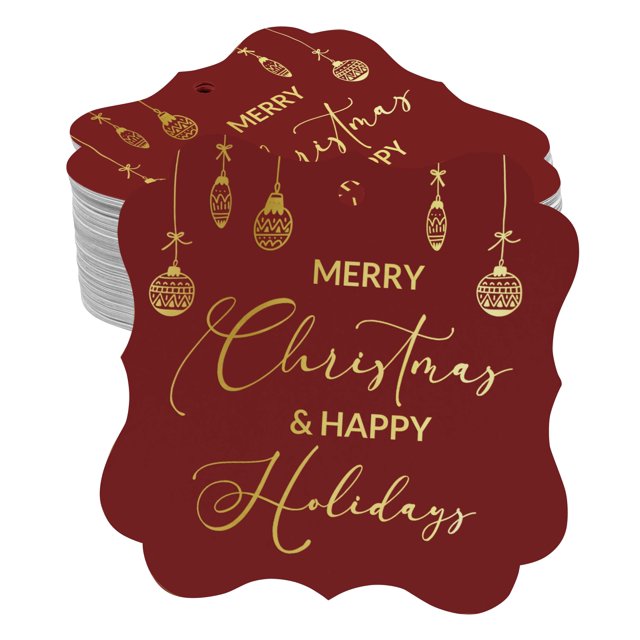 Inkdotpot Pack Of 100 Merry Christmas & Happy Text Paper Tags DIY Craft Bracket Shape Real Gold Foil Hang Tags