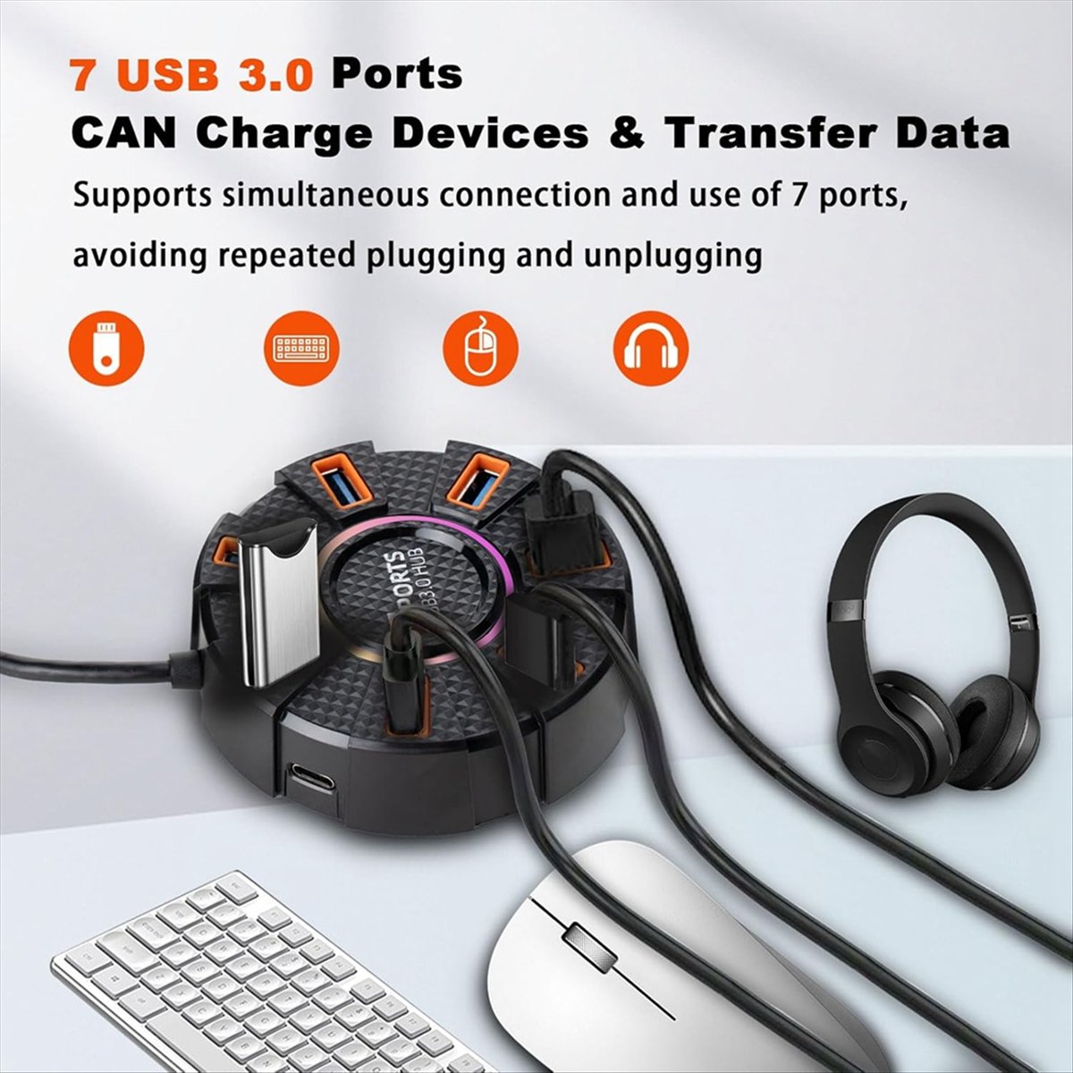 7 Ports USB Hub Multiport USB 3.0 Hub Splitter, USB Adapter Extender for Laptop, Desktop, PC, Car, Game Console