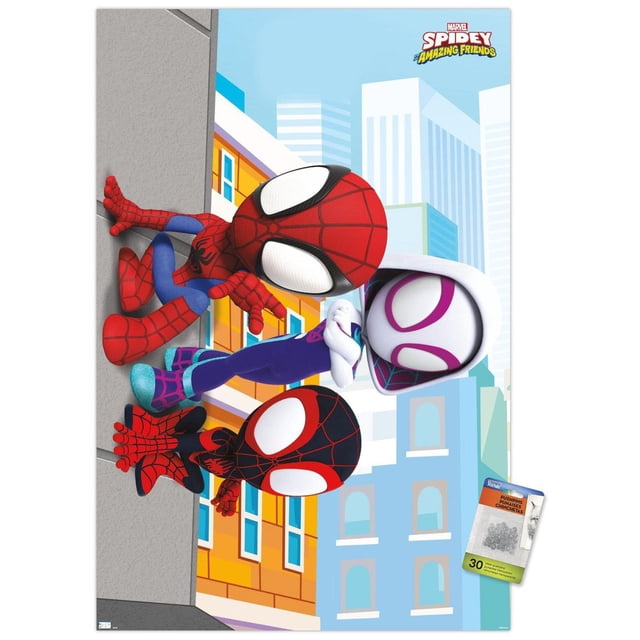 Marvel Spidey and His Amazing Friends - Affiche Murale Murale, 22,375 Pouces x 34 Pouces Représentant Spider-Man Animé, Ghost-Spider et Miles Morales Spider-Man Escaladant un Mur de Construction Urbaine avec des Bâtiments Urbains Colorés et des Gratte-Ciel en Arrière-Plan, Imprimée sur Papier d'Affiche Lustré, Convenant à la Déco de la Maison et aux Chambres d'Enfants.
