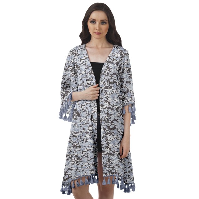 Moomaya Front Open Printed Shrug 3/4 Sleeve Georgette Beach Cover Up For Women