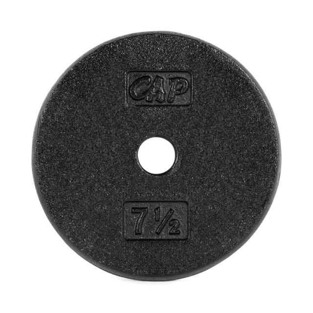 CAP Barbell 1-Inch Cast Iron Weight Plate, Black, Single, 7.5 lb, front-facing view of a round cast iron plate with a 1-inch machined center hole, black baked enamel finish, embossed CAP logo and 7 1/2 weight marking, designed for strength training with standard 1-inch bars and suitable for home gym use.