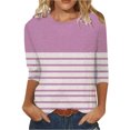 thumbnail image 2 of Meichang Chemises à Manches 3/4 pour Femmes Hauts à Rayures Color Block Col Rond T-Shirts Décontractés Chemises Coupe Ample Blouses de Travail Confortables Pull Mode 2024, 2 of 3