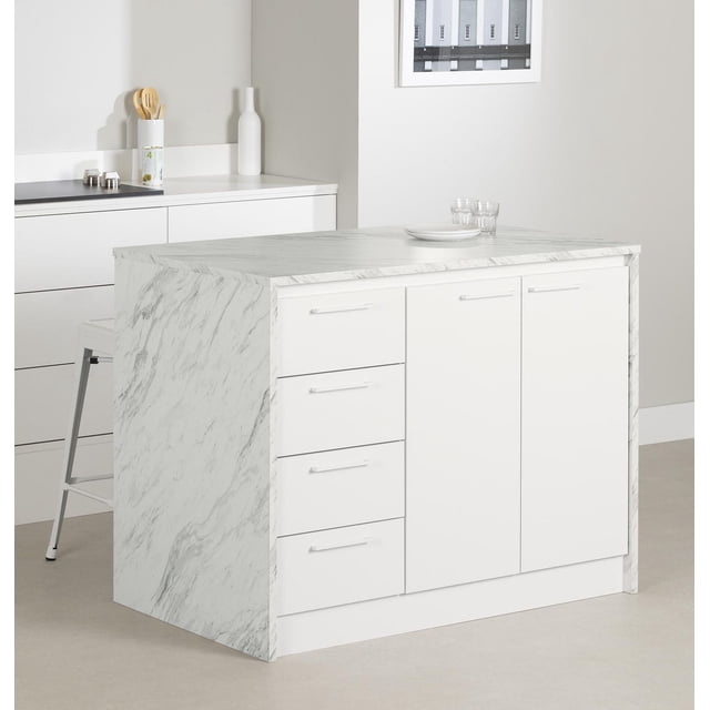 South Shore Myro Kitchen Island with Storage in faux white marble and white, featuring four wide drawers on metal slides and two cabinet doors with adjustable shelves, melamine water- and scratch-resistant surface, designed for small kitchens and apartments in a modern neutral kitchen setting.