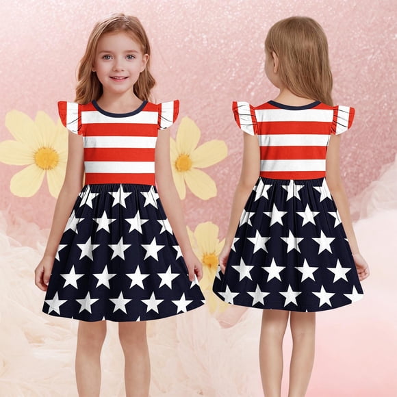 QTBIUQ Girl S Summer Independent Day Print Round Neck Patchwork Dress Small Flit Sleeve Short Waist Cinched Casual Daily Versatile Holiday Party Game Set Cute And Fashionable Style(Blue,12 Years)