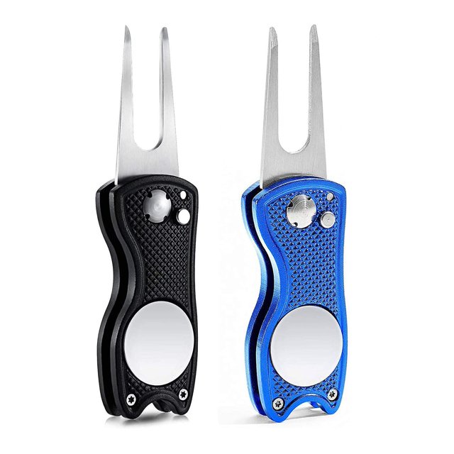 2Pcs Golf Divot Tool Golf Fork Repair Foldable Golf Divot Repair Tool, ideal for golf accessories. Includes one black and one blue tool made of stainless steel and aluminum, featuring foldable tines, magnetic ball markers, and textured handles for secure grip and easy use.
