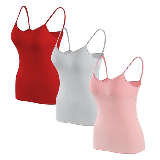 Timegard Camisoles pour Femmes 3 Pcs avec Soutien-Gorge Intégré Col Rond Bretelles Spaghetti Ajustées Douces Maillots de Corps Décontractés Hauts de Pyjama