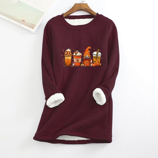 Halloween Shirts Women's Col Rond Poche Épaissie Peluche Chaude Manches Longues Hauts Halloween Chandails en Molleton for Women sur Clearance