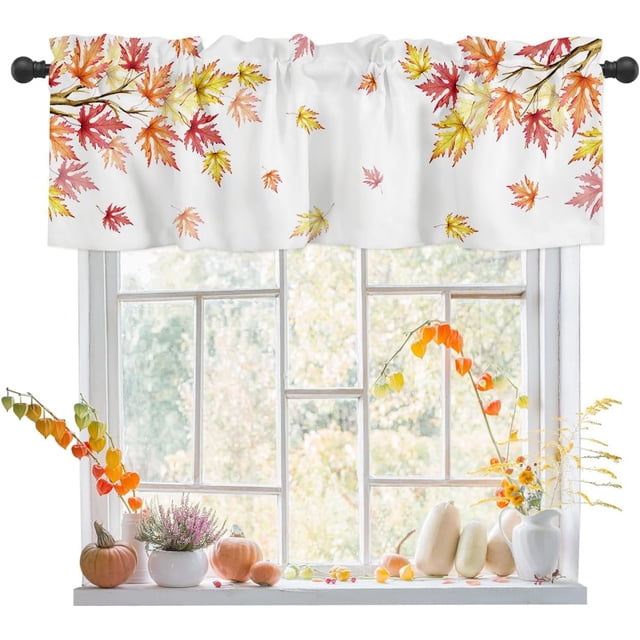 Thanksgiving Valance, Maple Leaves Valances for Windows, Kitchen Valances for Window, Fall Kitchen Curtains 54x18, Short Curtains Rod Pocket Bathroom Curtains Window, Kitchen Window Curtains