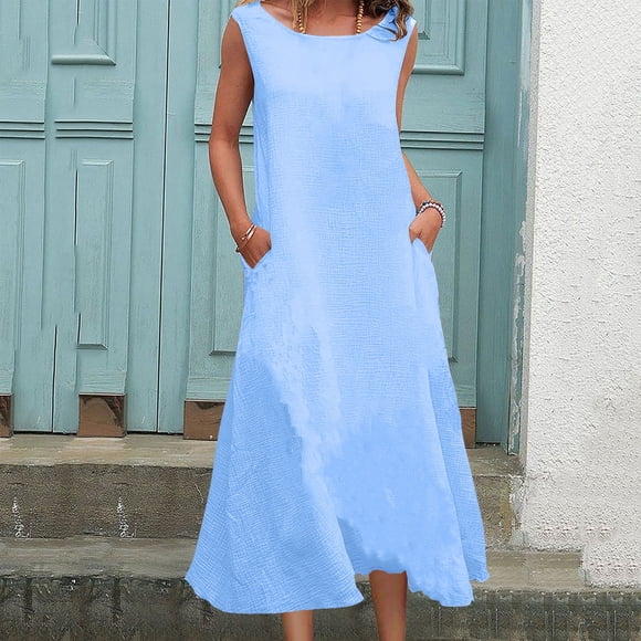 Weiqiqre Women Dresses Summer Casual Tank Dress Sleeveless Cotton Linen Long Maxi Dress with Pockets