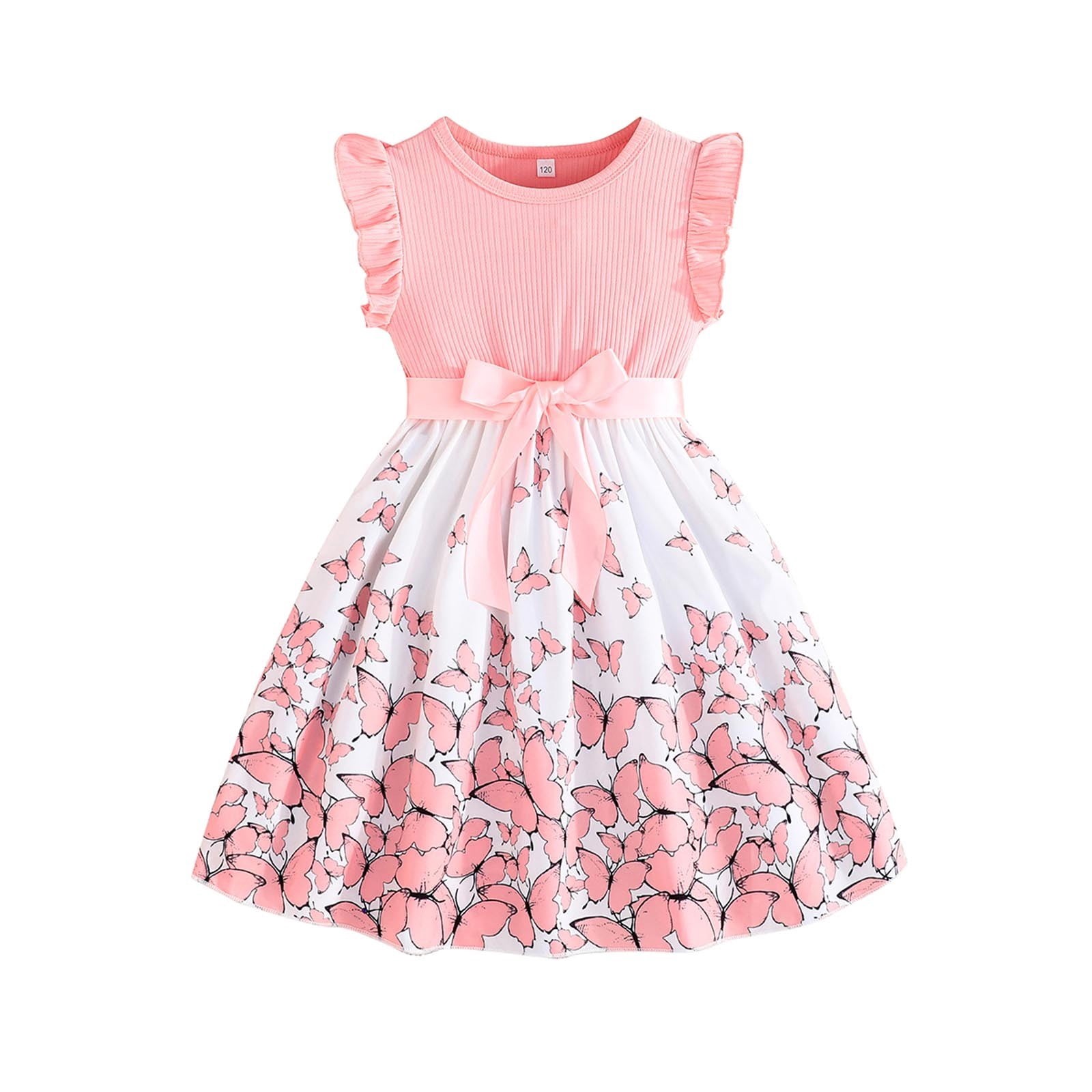 Robes pour Petites Filles Enfants Tout-Petits Filles Été Col Rond Manches à Volants Imprimés de Fleurs Robe Trapèze Décontractée avec Nœud Robe pour Tout-Petit Rose 8 Ans-9 Ans