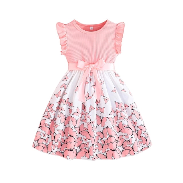 Robes pour Petites Filles Enfants Tout-Petits Filles Été Col Rond Manches à Volants Imprimés de Fleurs Robe Trapèze Décontractée avec Nœud Robe pour Tout-Petit Rose 8 Ans-9 Ans
