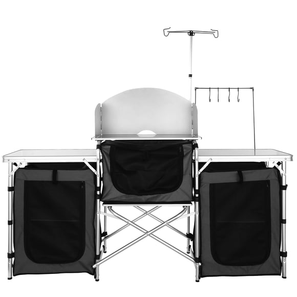 KFFKFF Camping Kitchen Table, Folding Outdoor Cooking Table with Storage Carrying Bag, Aluminum Cook Station 3 Cupboard & Detachable Windscreen, Quick Set-up for Picnics, BBQ, RV Traveling, Black