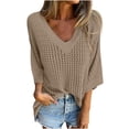 thumbnail image 2 of AherBiu 3/4 Length Sleeve Womens Tops Hollow Cable Knit Pullover Tops V Neck Loose Fall 2024 Blouses, 2 of 8