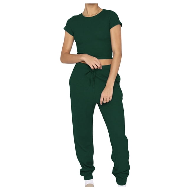 Yuyuzo Ensemble 2 Pcs pour Femme Survêtement Décontracté T-Shirt Court à Manches Courtes Col Ras du Cou Pantalon Jogger Ensembles de Sport