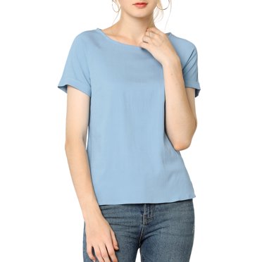 INSPIRE CHIC Blouse en Chambray pour Femme à Col Rond, Manches Raglan Courtes, Fente Latérale, S Bleu Pâle