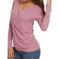 thumbnail image 4 of Women Wrap Front Side Buttons Long Sleeve V Neck Plain Shirt, 4 of 5