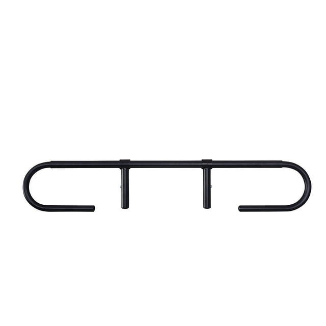 Master Massage Paper Roll Holder for Massage Tables-Universal Size in black powder-coated metal with two vertical snap button rods and curved ends, adjustable for paper rolls 24 to 30 inches wide, including an elastic strap to hold paper close to the table, shown on a white background.