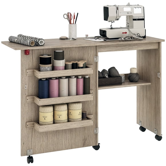 HOMCOM Folding Sewing Table Mobile Sewing Machine Cabinet with Shelf Grey