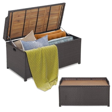 Gymax Coffre de Terrasse en Osier pour Patio avec Siège en Bois d'Acacia Banc de Rangement au Bord de la Piscine Jardin