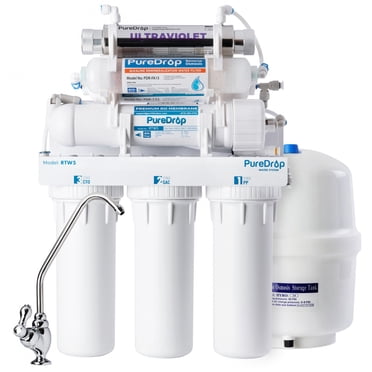 PureDrop RTW5AK-UV Système de Filtration d'Eau Potable par Osmose Inverse RO avec Reminéralisation Alcaline et Filtre UV, Système de Filtration d'Eau RO sous l'Évier, Filtre d'Eau RO sous l'Évier à 7 Étapes avec Robinet
