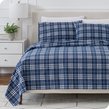 Bare Home Ensemble de Draps en Flanelle - 100 % Coton - Poche Profonde - Grand Lit, Tartan Stirling - Bleu/blanc, 4 Pcs