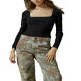 thumbnail image 1 of Women‘s Spring Solid Color Long Sleeve Square Neck Slim T-shirt, 1 of 5