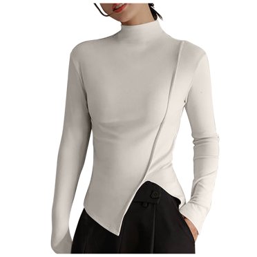 FAIWAD Top for Women Turtleneck Long Sleeves Slim Stretch Side Split Casual Pullover Tops
