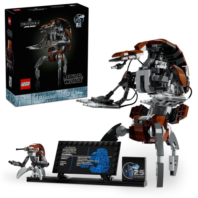 LEGO Star Wars Droideka Model for Build and Display featuring a 583-piece brick-built destroyer droid with movable arms and legs that transform into a ball shape, a small Droideka figure, and a display stand with an information plaque and 25th anniversary LEGO Star Wars brick in multicolour plastic.