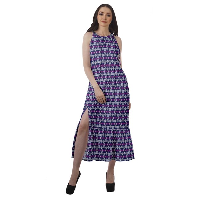 Moomaya Robe Longue Maxi de Fête pour Femmes en Rayonne Imprimée à Encolure Licou avec Fente avant