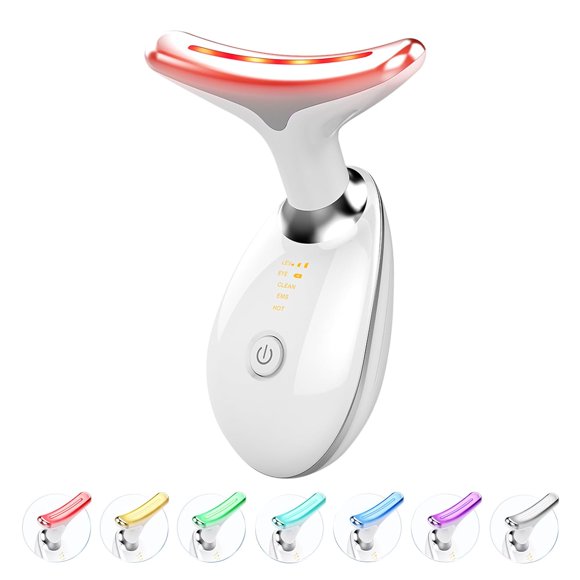 7-in-1 Red Light Therapy Neck Tightening Device, Wrinkle Removal Device, Face Neck Massager for Face Lift, Anti Aging, Glossy White
