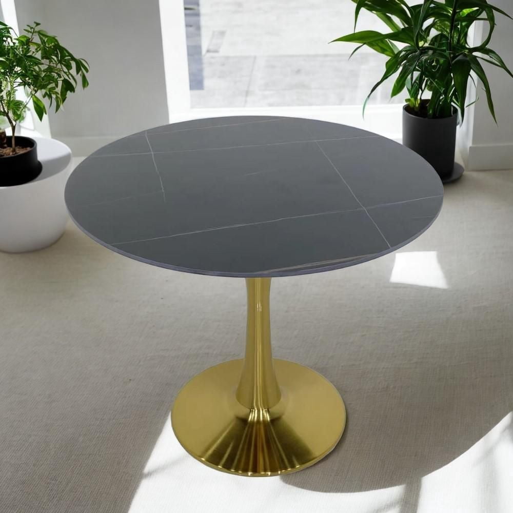 Monsey Dining Table, with Black Sintered Stone Top and Brushed Brass Base Finish – A Modern and Bold Design Combining the Durability of Sintered Stone with the Elegance of Brushed Brass for a Sophisti