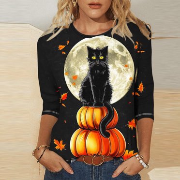 VKOYWKM Women Halloween T-Shirts 3/4 Sleeve Pumpkin Black Cat Graphic T Shirts Fall Crew Neck Halloween Costumes